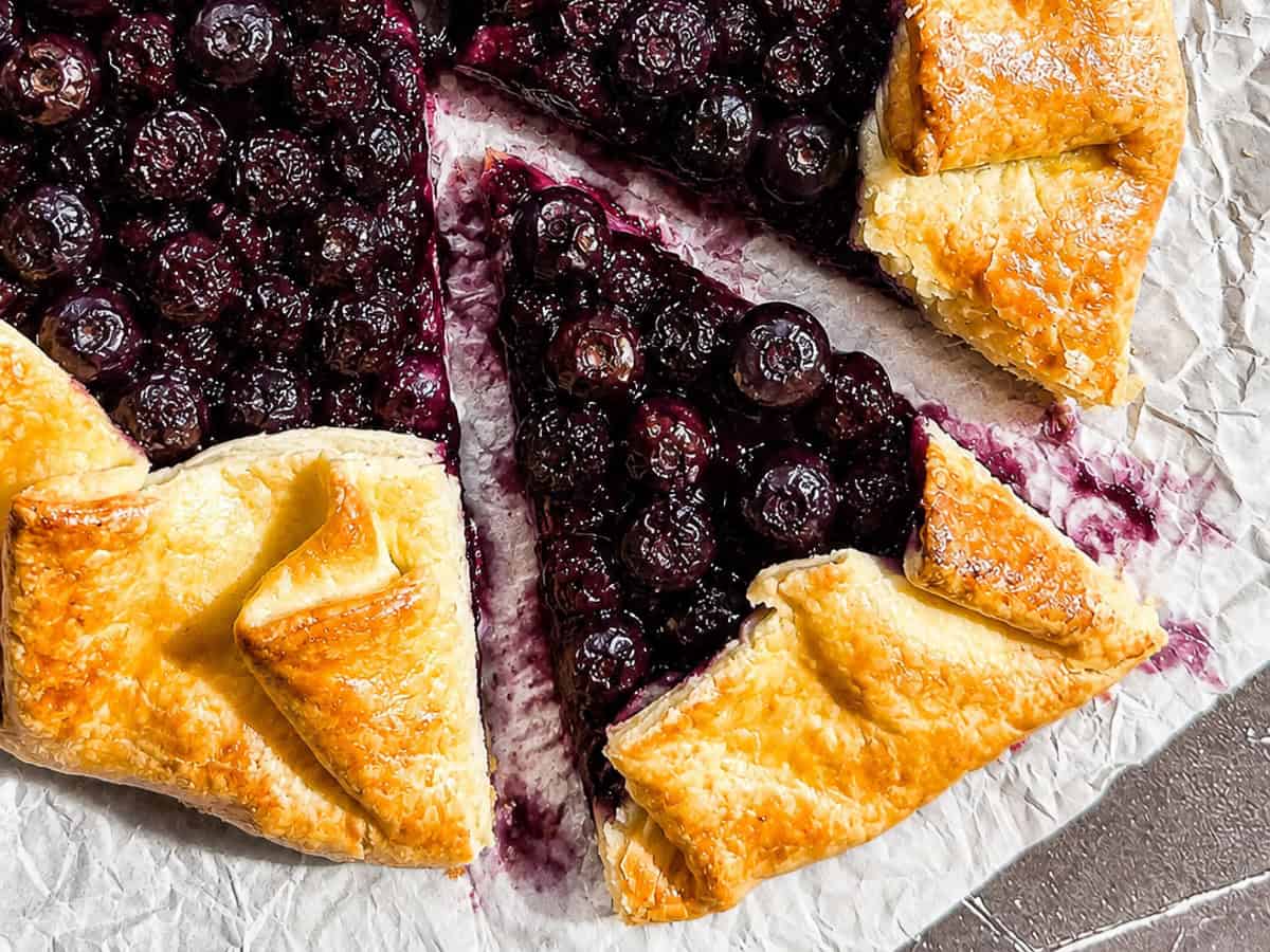 Blueberry galette on parchment paper.