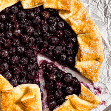 Blueberry galette on parchment paper.