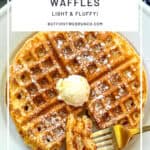 Pinterest image of Cornell waffles on a white plate.