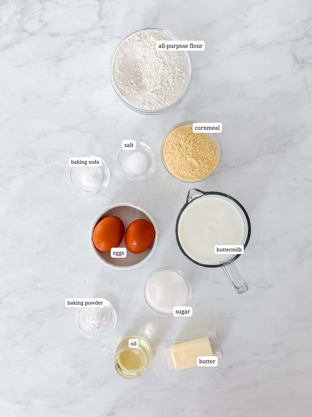 Ingredients needed to make cornmeal waffles.