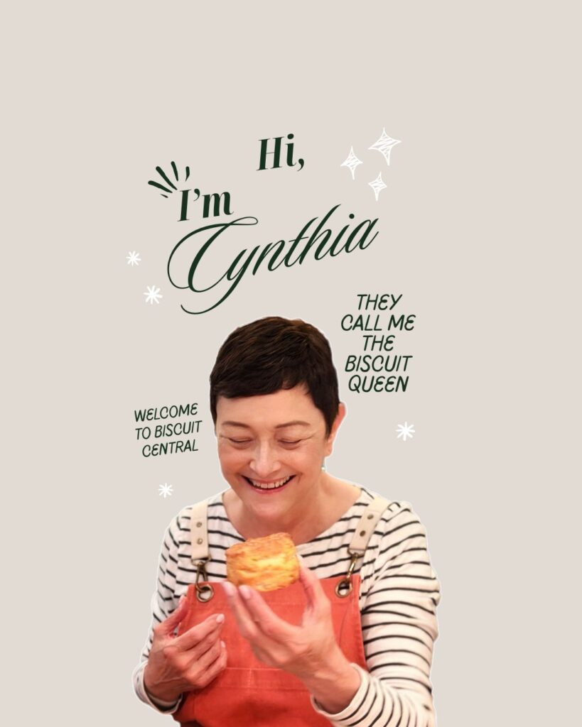 Image of the author holding a biscuit with the on-screen text of hi I'm Cynthia they call me the biscuit queen welcome to biscuit Central.