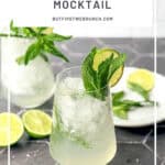 Pinterest image of a nonalcoholic mint julep mocktail on a black tile counter.