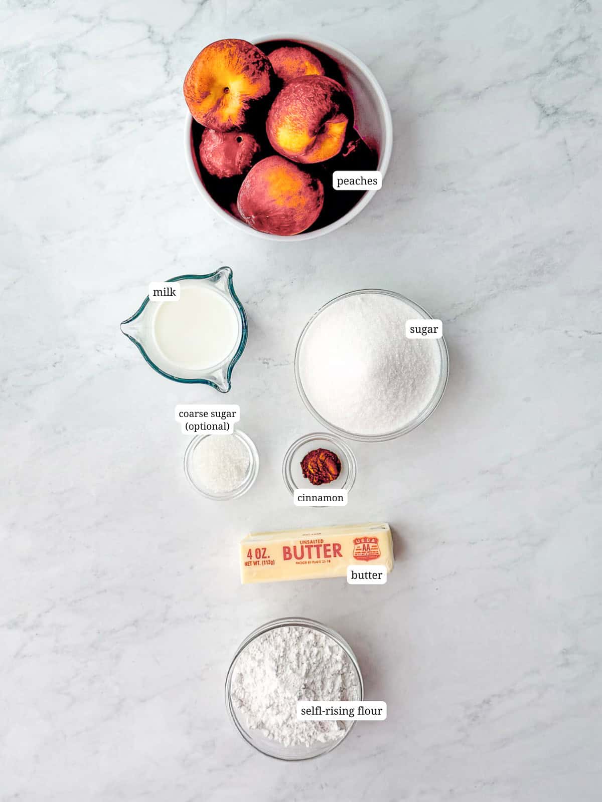 Image of ingredients needed to make peach cobbler.