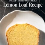 Single image poster with bold recipe title text at the top over a fresh-baked lemon loaf drizzled with thick lemon glaze, styled in #F3F7F5, #425757, #3A579A, and #333333.