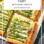 Pinterest image of an asparagus puff pastry tart.