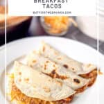 Pinterest image of three bean and cheese tacos on a white plate.