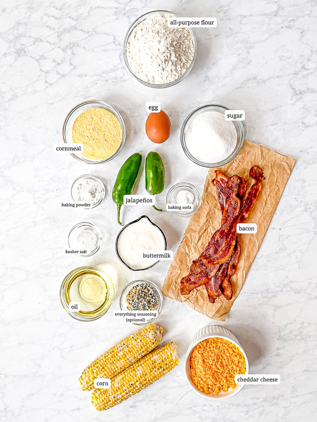 Ingredients needed to make jalapeño cornbread muffins.