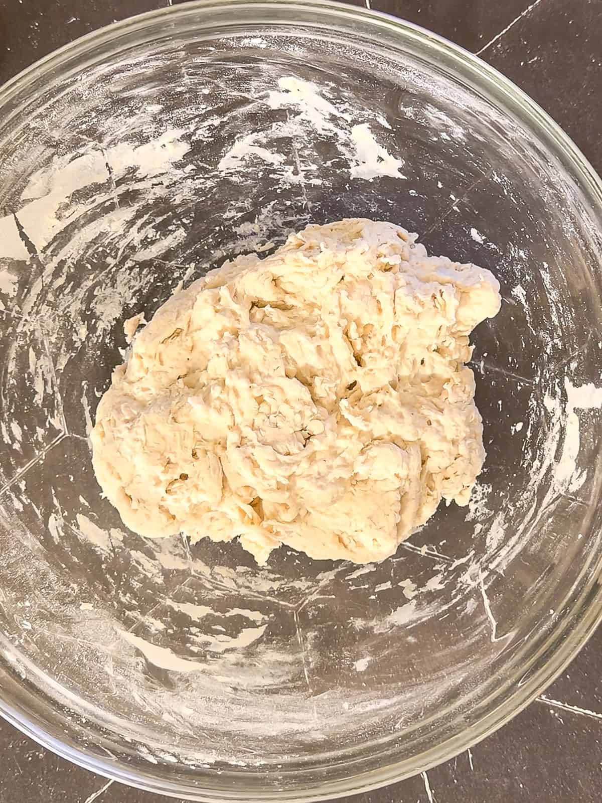 No knead dough immediately after mixing in a glass bowl.