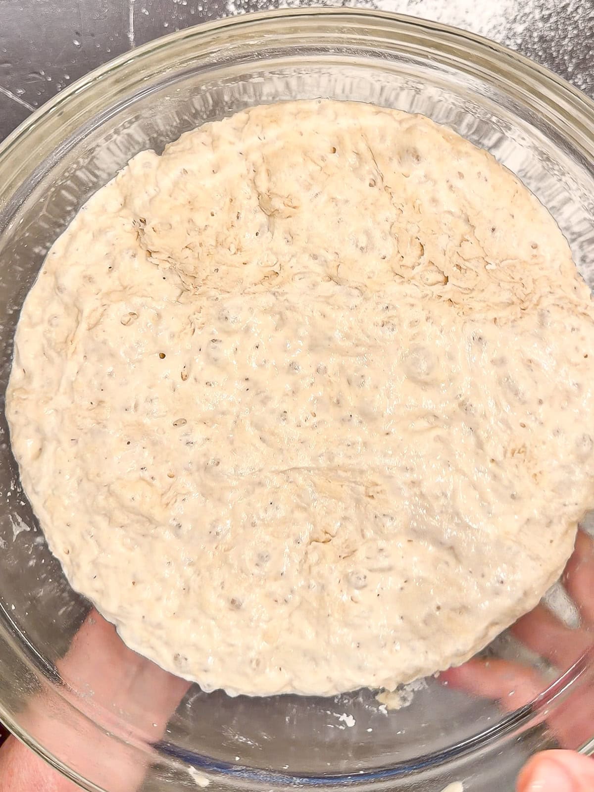 Sticky overnight bread dough ready for shaping into rolls.