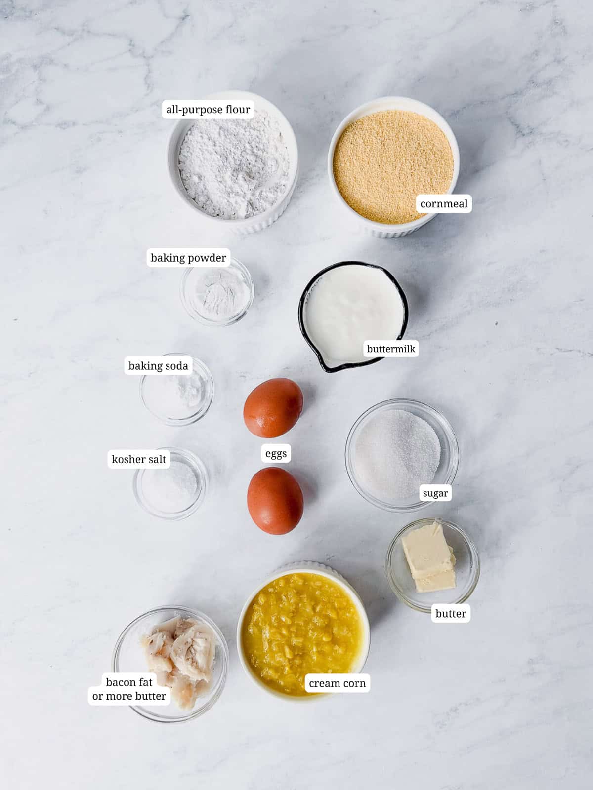 Ingredients needed to make cornbread with creamed corn.