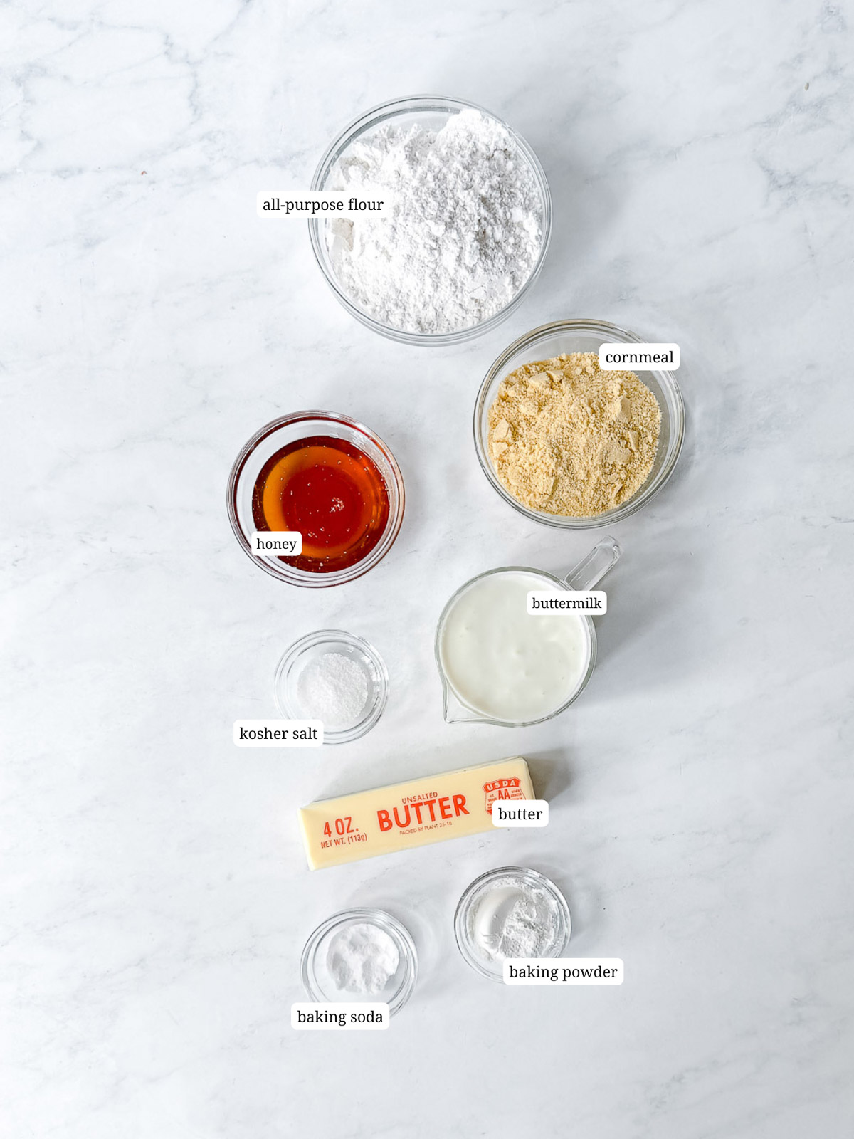 Ingredients needed for cornbread biscuits.