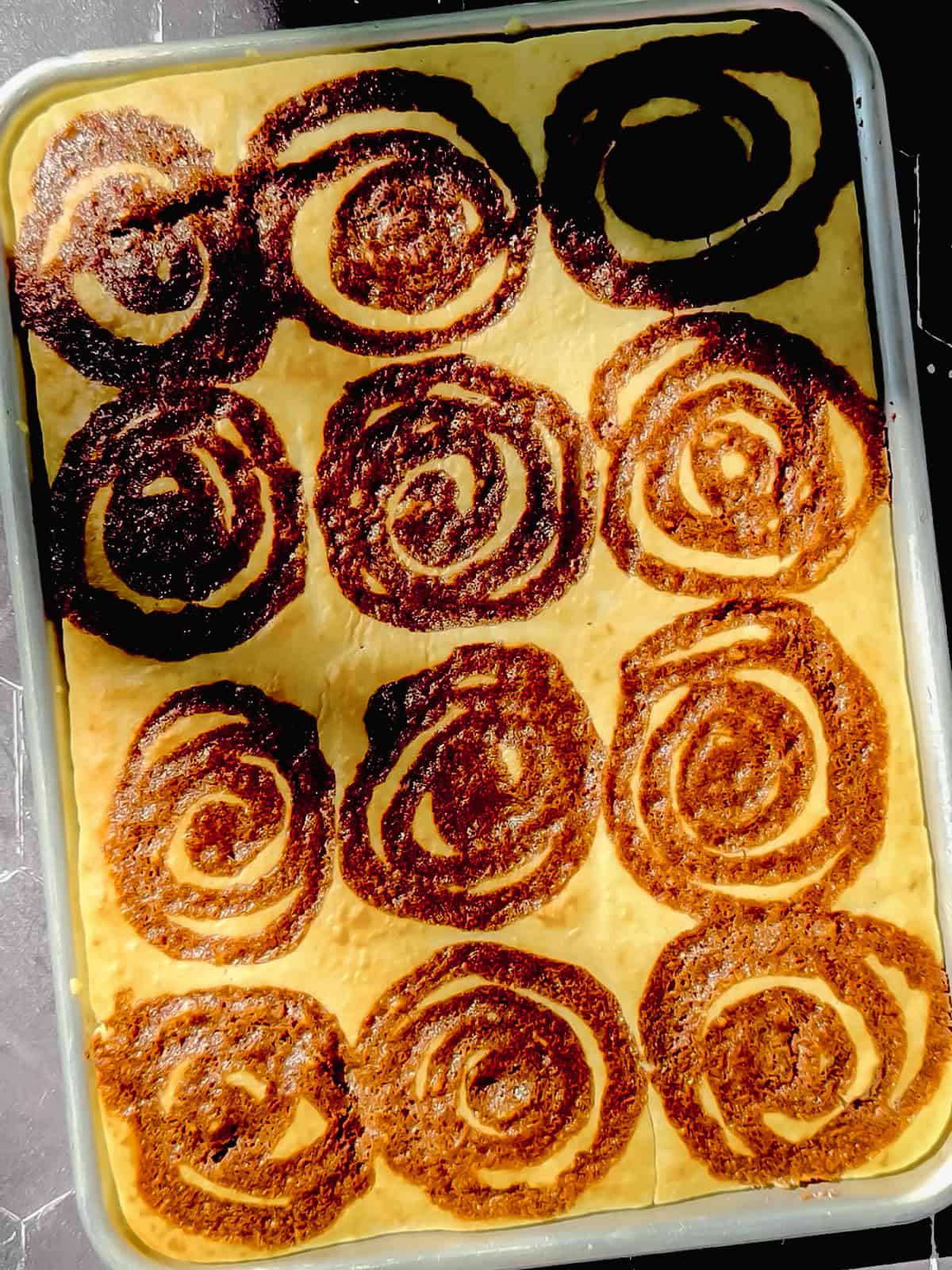 Cinnamon roll sheet pan pancakes before frosting.