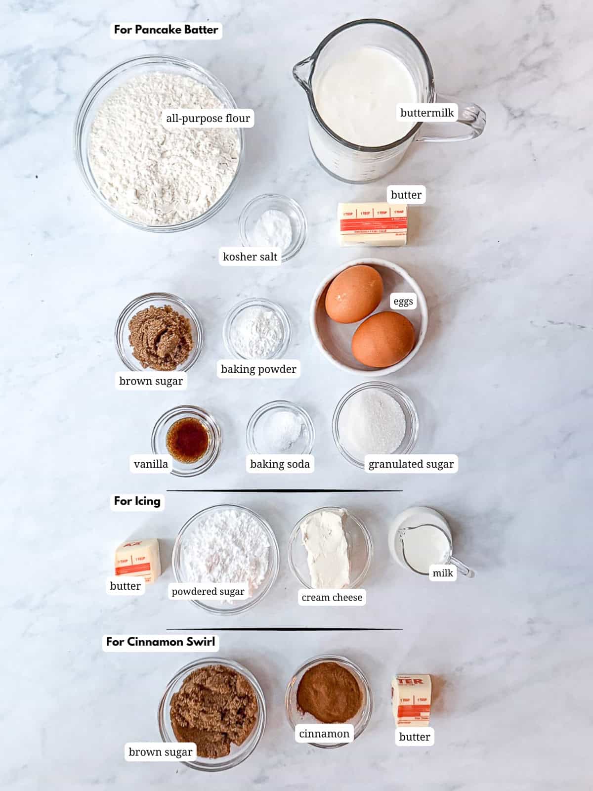 Ingredients needed to make cinnamon roll sheet pan pancake pancakes.