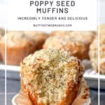 Pinterest image of an almond poppy seed muffin with a bite taken out.