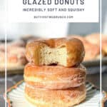 Pinterest image of a stack of donuts, the top one with a bite taken out.
