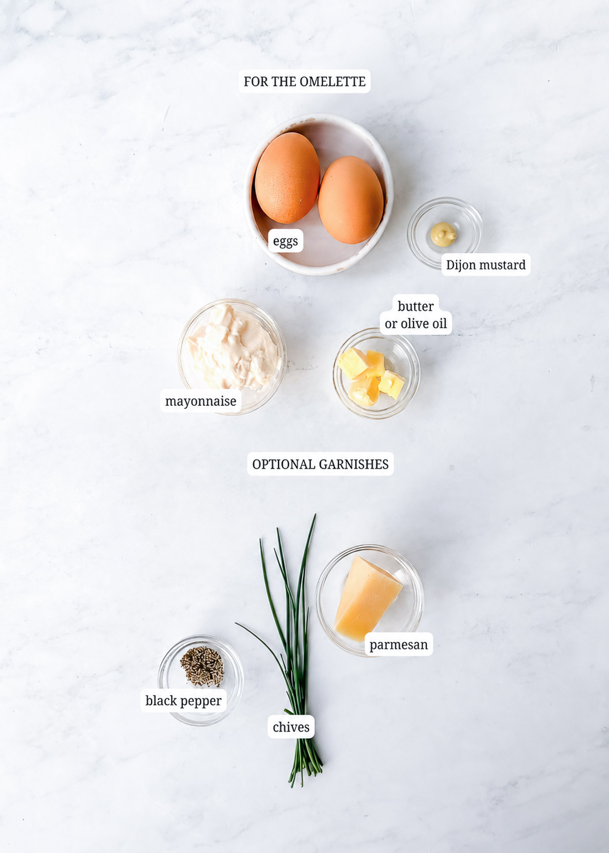 Ingredients needed to make a microwave omelette.