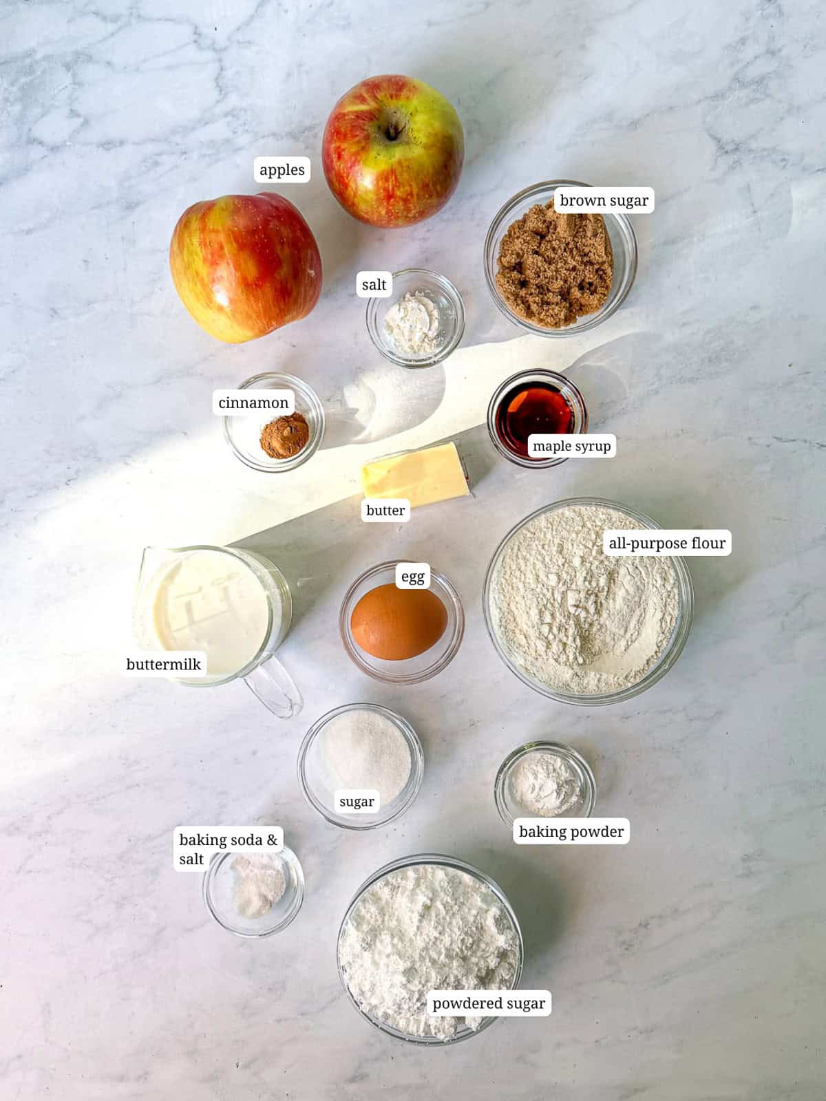 Ingredients needed to make apple fritters.
