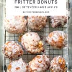 Pinterest image of Apple fritters on a wire rack.