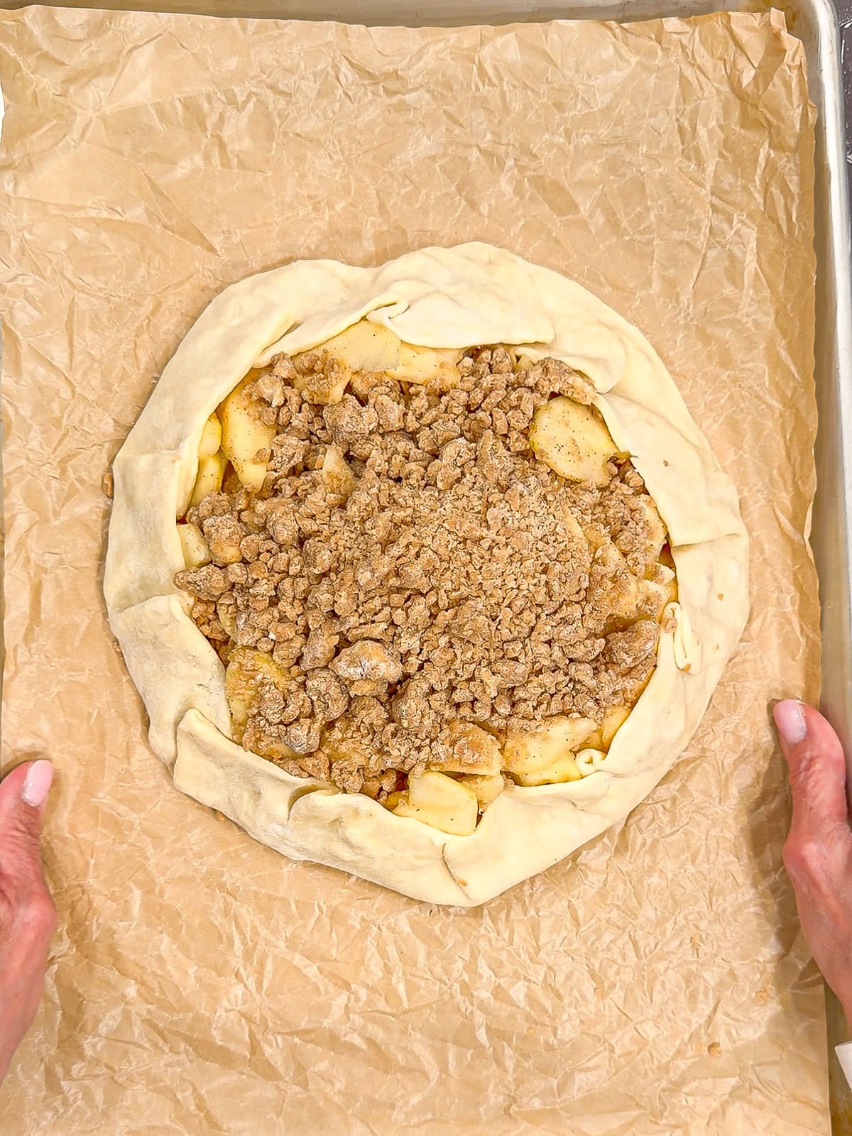 Apple streusel galette ready to go into the oven.